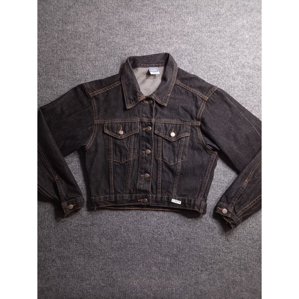 Vintage Watch LA Black Denim Trucker Jacket Women's S Cropped USA 100% Cotton